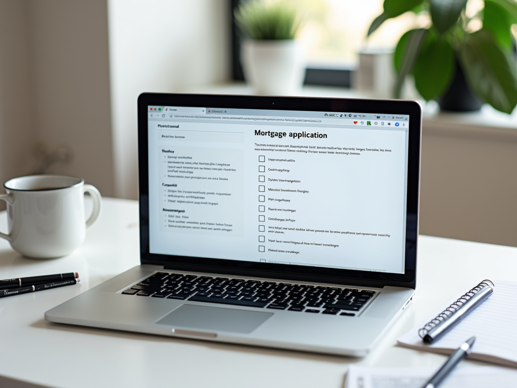 Ноутбук на столе отображает заявление на ипотеку, рядом чашка кофе и блокнот.