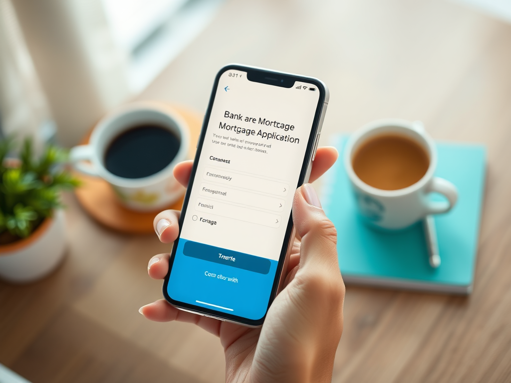 На изображении смартфон с заявкой на ипотеку, чашки кофе и блокнот на столе.