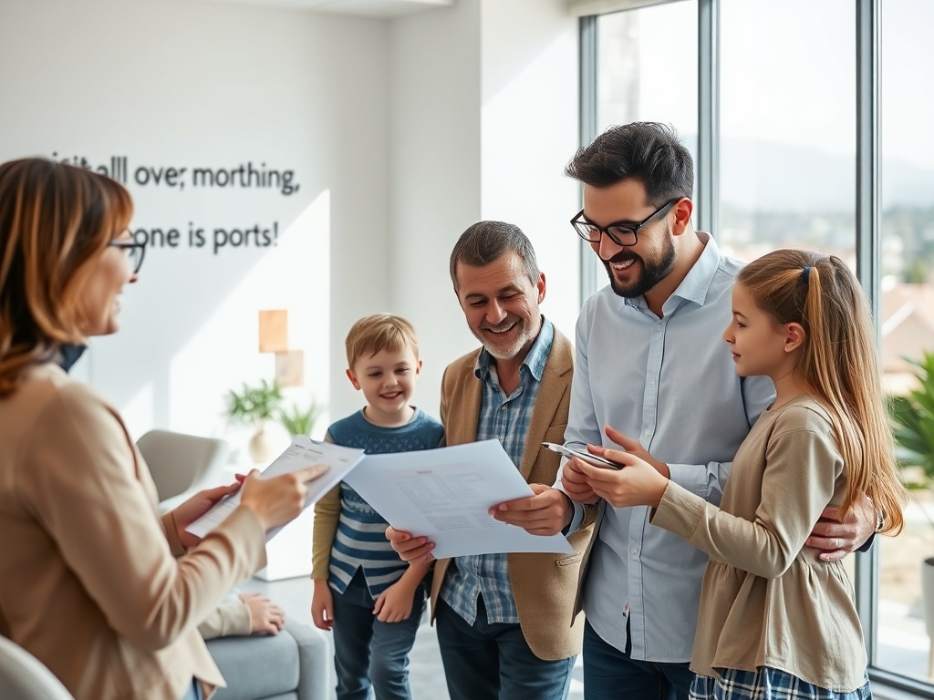 Семья обсуждает документы и улыбается в светлом офисе с большими окнами. Атмосфера дружелюбная и позитивная.