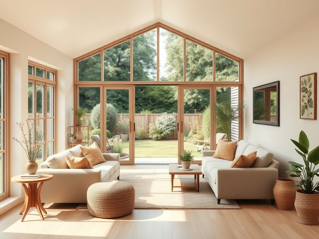 Светлая комната с большими окнами, мягкими диванами и зелёным садом на заднем плане. Стильный и уютный интерьер.