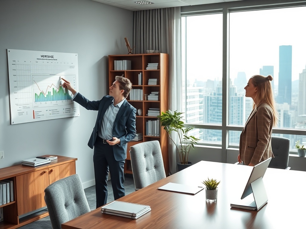 Мужчина в костюме объясняет график женщине в деловом костюме в офисе с большим окном.