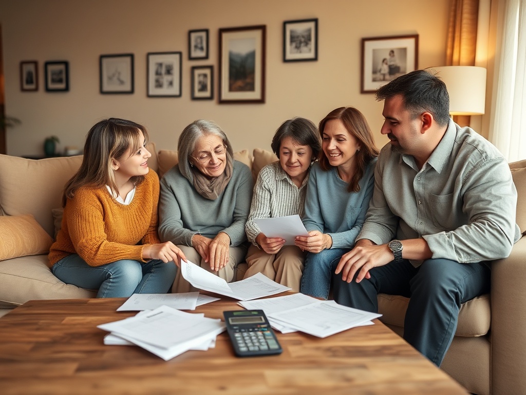 Группа женщин и мужчины, обсуждающие бумаги на диване, с калькулятором на столе. Теплая обстановка.