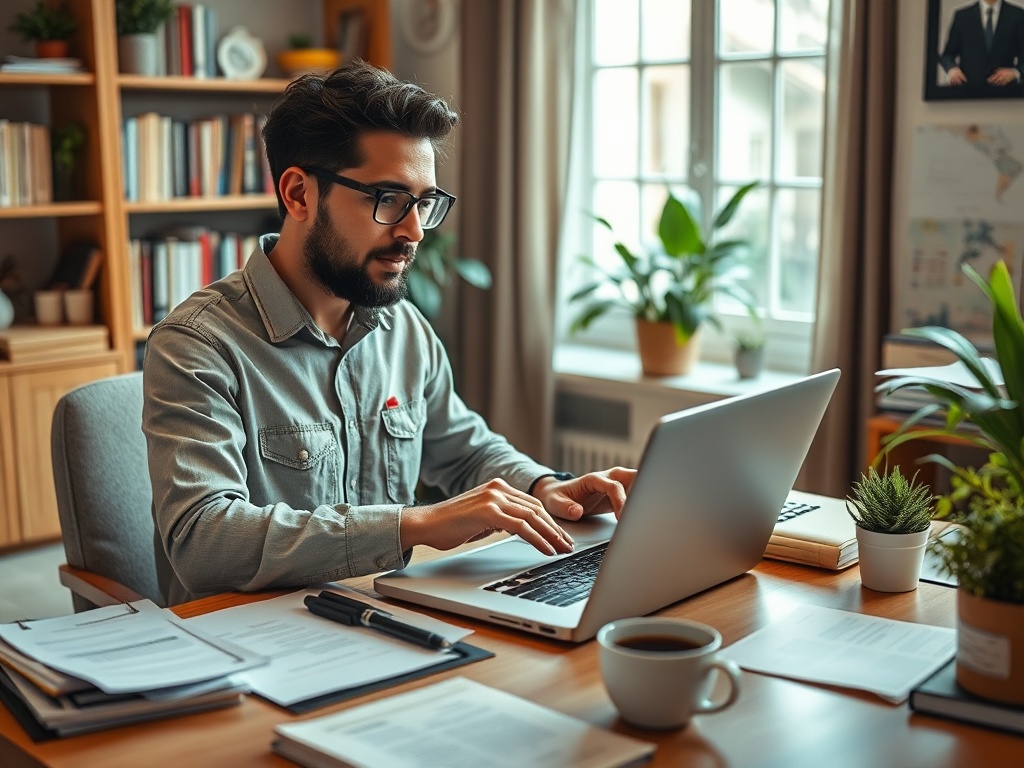 Молодой человек работает за компьютером в уютном кабинете со растениями и чашкой кофе на столе.