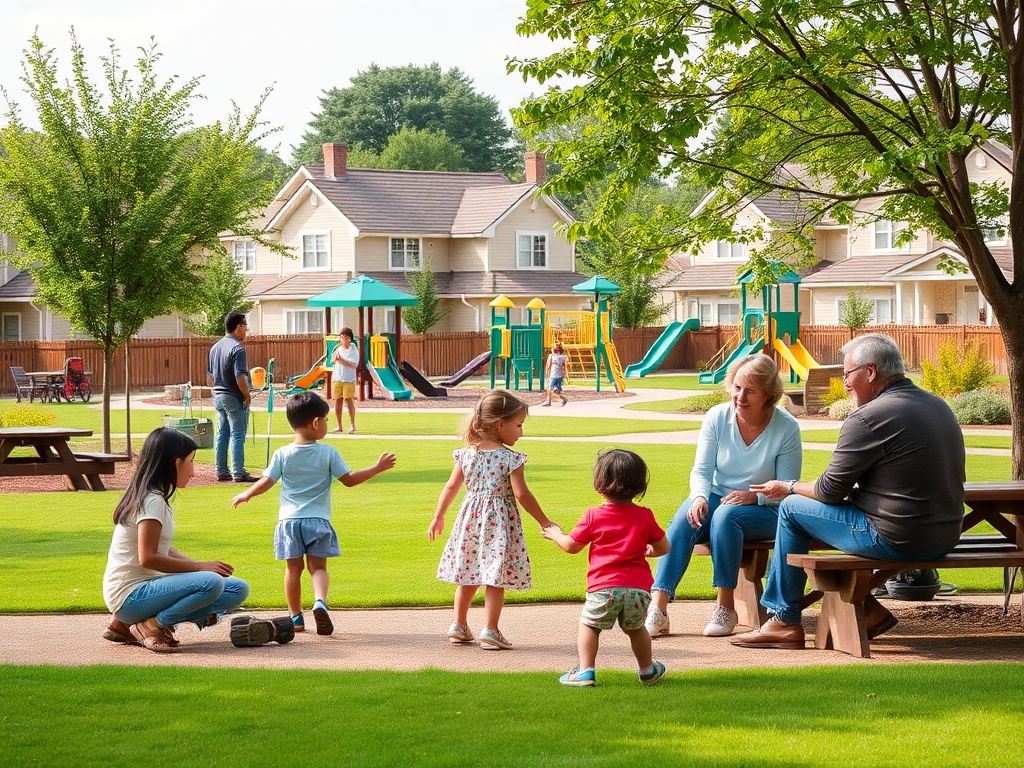 Семья и дети играют в парке, на фоне детская площадка и жилые дома. Солнечный день, много зелени.