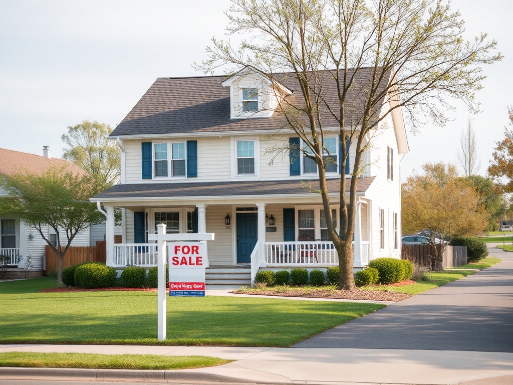 Дом с зеленым ухоженным двором, выставленный на продажу. На вид много света и простора.