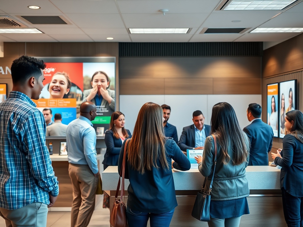 В офисе несколько людей, обсуждающих услуги за стойкой, на фоне ярких экранов с рекламой.