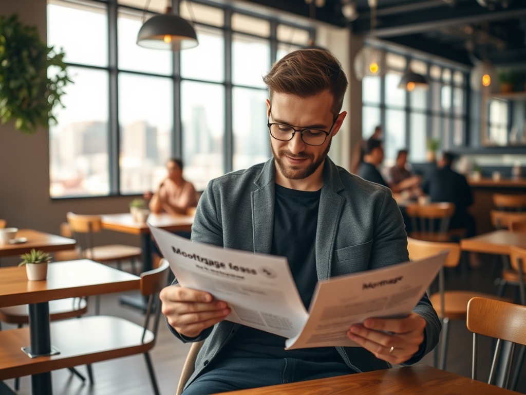 Мужчина в очках читает меню в кафе, окружённый другими посетителями и ярким интерьером.