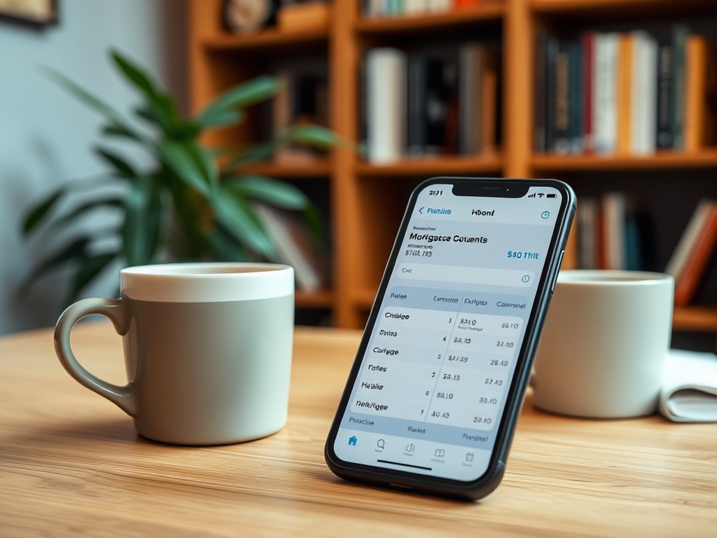 На изображении смартфон с открытым приложением и двумя чашками кофе на деревянном столе. Сзади библиотека.