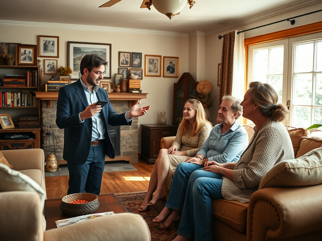 Молодой человек в деловом костюме общается с тремя женщинами в уютной гостиной.