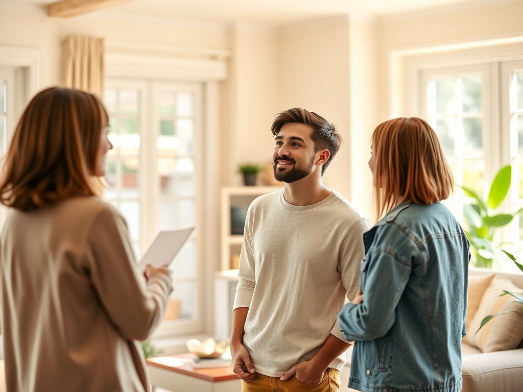На изображении три человека беседуют в светлом помещении, один читает с листа, двое улыбаются.