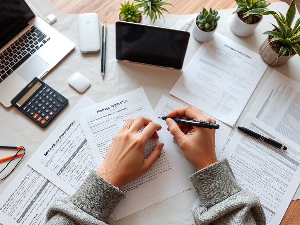 На столе лежат документы, ручки, ноутбук и калькулятор. Человек заполняет анкеты. Зеленые растения рядом.